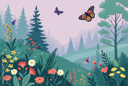 Sunlit forest clearing filled with wildflowers and butterflies.