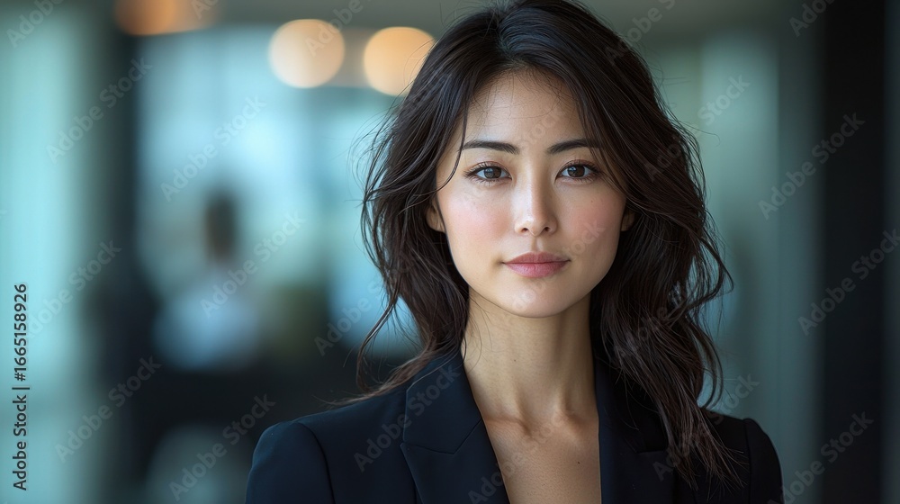 Fototapeta premium A Japanese woman in her late 30s and early 40s, dressed in impeccably tailored black suit, exuded confidence and sophistication, her gaze directed towards the camera, 8k 