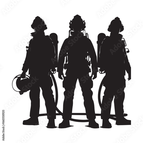 Silhouette Firefighters Pose Vector Illustration | Heroic Fireman Art Design