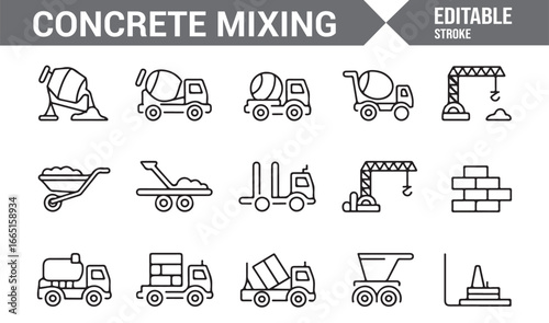 Concrete truck, mixer, and crane icons for construction and site work