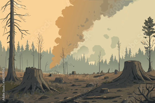 Forest destruction with tree stumps and smoke rising.