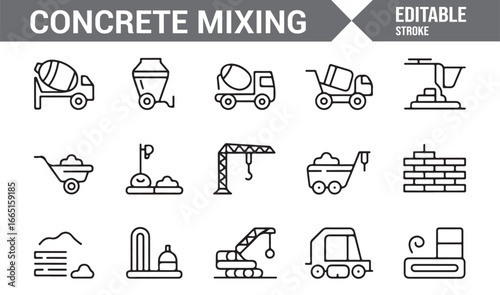 Concrete mixing equipment icons for building, construction, and materials handling