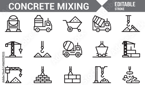 Editable construction site icons featuring cement mixers and heavy machinery