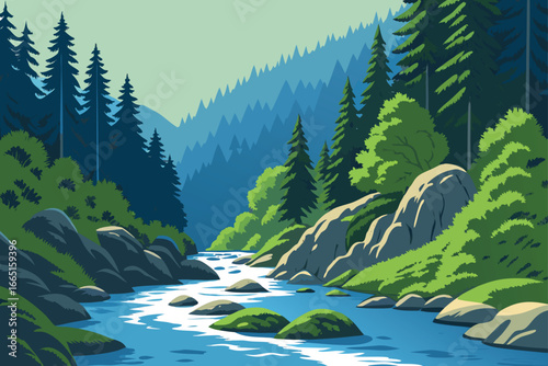 Forest river flowing between mossy rocks.