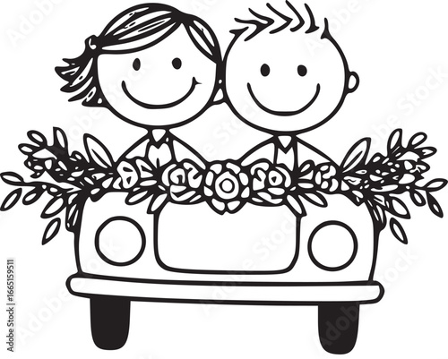 Wedding Car Silhouette: A charming monochrome illustration depicts a newly married couple joyfully riding in a decorated car.