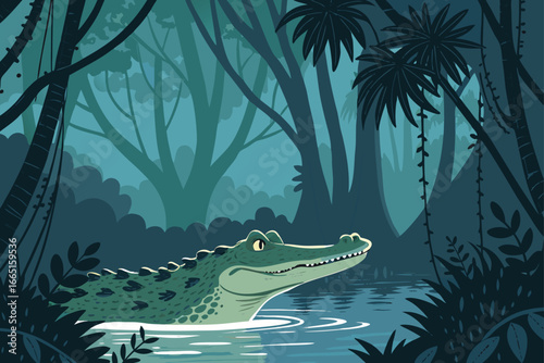 Forest swamp with partially submerged crocodile.