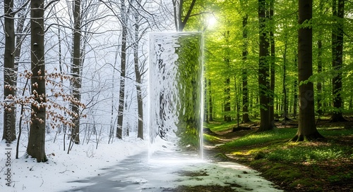 Portal to Springtime Forest from Snowy Winter Landscape