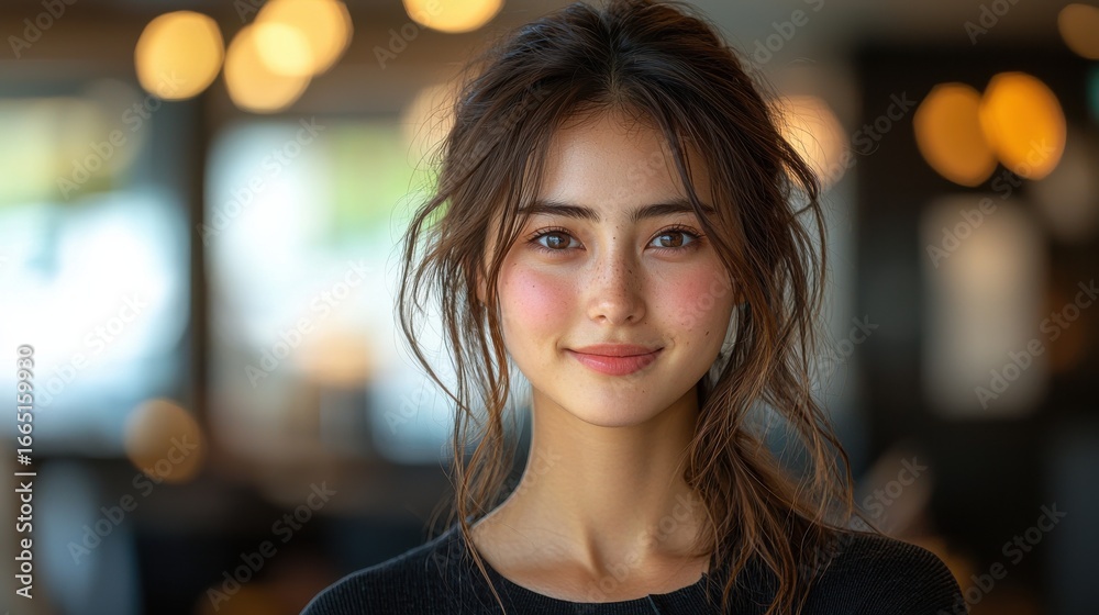 Obraz premium A beautiful Japanese businesswoman in her early twenties, with a radiant smile, confidently executes her tasks in her modern office, exuding professionalism and grace, 8k 