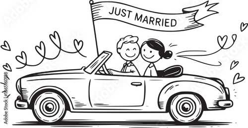 Newlywed's Joyride: A charming illustration portrays a just-married couple, filled with happiness as they embark on their journey together in a vintage car, under a banner of celebration.