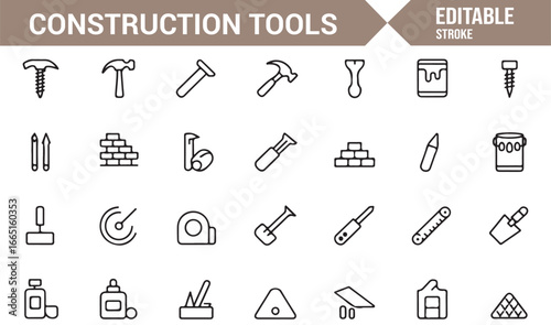 Editable icons for construction work, tools, and building equipment