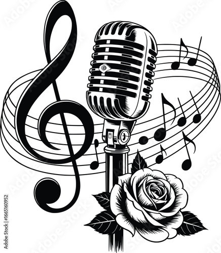 Vintage Microphone with Music Notes and Rose Clipart, Retro Singing Vector Design.
