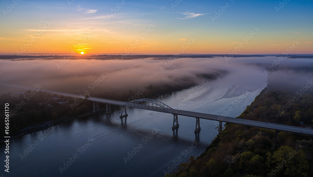 Obraz premium River and Arch Bridge Surrounded by Fog at Dawn