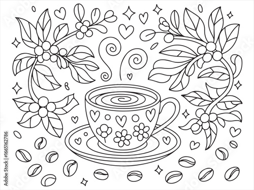 Coffee Cup with Floral Design, Heart and Coffee Beans, Cozy Beverage Illustration