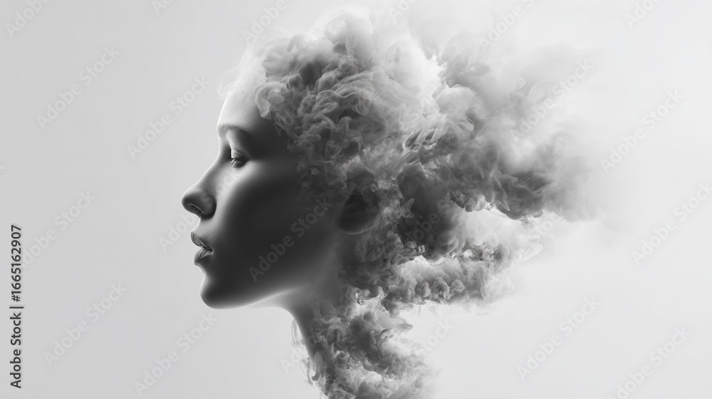 Fototapeta premium Woman's profile merging with smoke, ethereal and surreal in monochrome