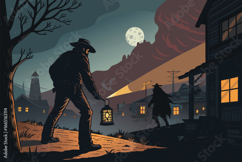 Frontier sheriff faces a shadowy creature in a moonlit night.
