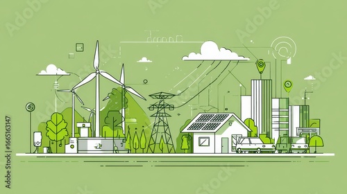 Sustainable energy drives city growth with wind and solar, green background usage