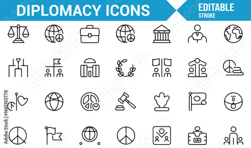 Diplomacy, law, and government icons for global political contexts