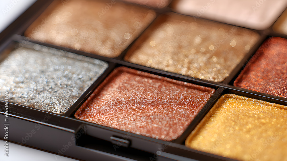 Fototapeta premium Eyeshadow palette showing shimmering metallic and glitter makeup colors