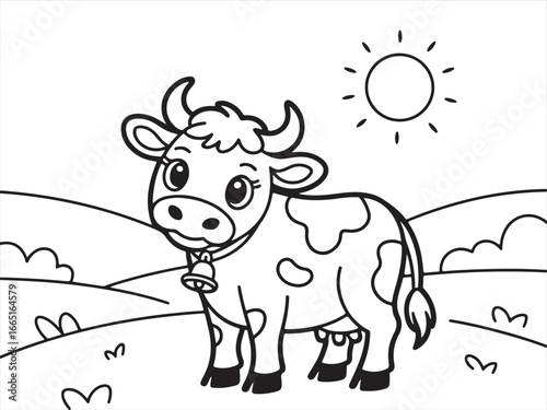 Cartoon Cow with Bell and Flower, Fun Farmyard Animal Design