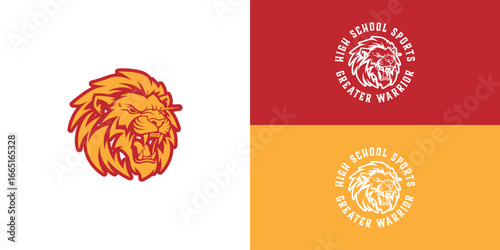 A logo for a high school sports team featuring a fierce lion emblem. The stylized lion's head and bold colors symbolize courage, strength, and team pride.