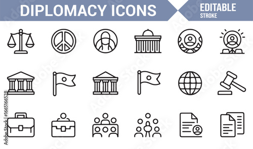 Editable diplomacy and international relations icons for global cooperation