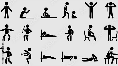 Illustration showing various stick figure poses and actions in different scenarios and activities