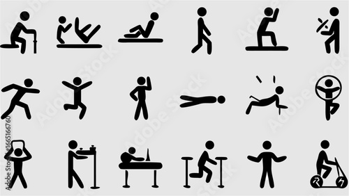 Illustration showing a variety of stick figure people performing different exercises and activities