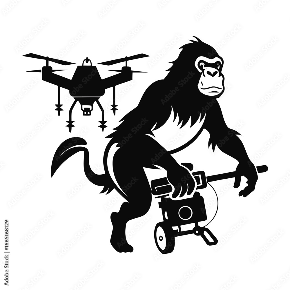 Fototapeta premium Silhouette of innovative ape riding futuristic drone with startup logo, high-tech business concept, modern vector illustration for branding