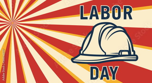 Retro graphic banner featuring a hard hat symbol on a sunburst background, ideal for celebrations honoring hard work and professional dedication