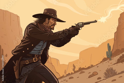 A lone gunfighter stands amidst a frontier village bathed in the eerie glow of mystical runes.