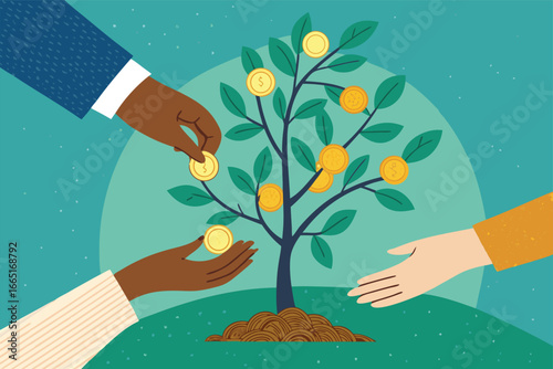 Hands adding coins to a money tree, symbolizing growth.