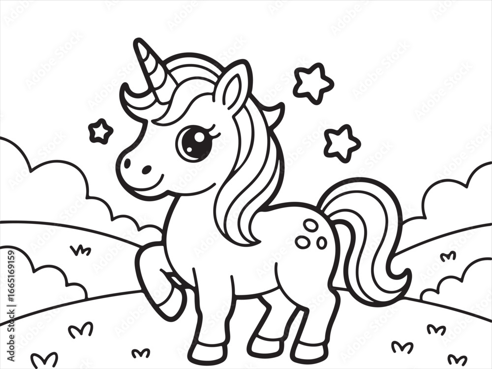 Obraz premium Cute Cartoon Unicorn in a Magical Forest with Sparkles – Fun Line Drawing