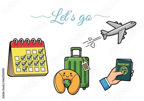 Travel essentials including airplane, suitcase, passport, calendar, and neck pillow