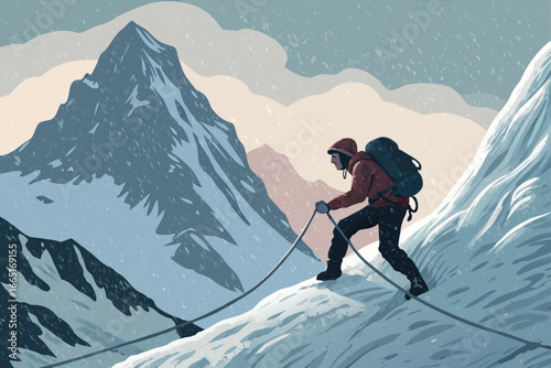 Hiker ascends snowy mountain, secured by rope.