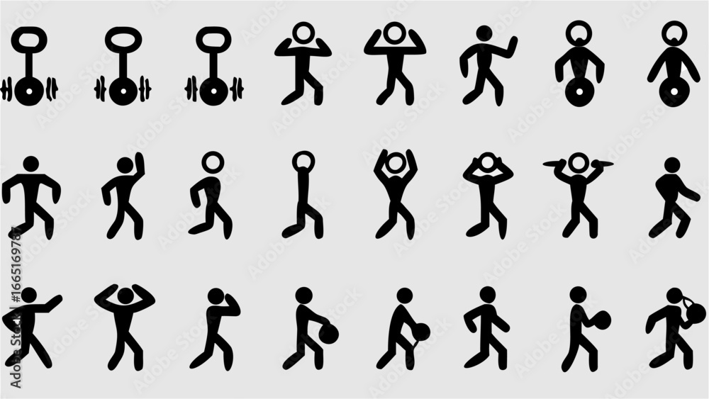 Naklejka premium Illustration of stick figures in various poses and activities including weightlifting and basketball 100
