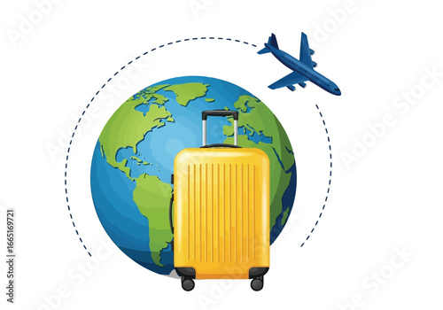 Yellow suitcase and airplane flying around a globe symbolizing world travel
