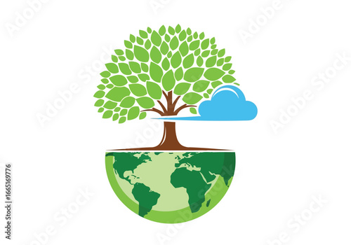 Stylized tree growing from the earth with a cloud