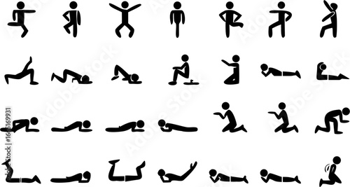 Illustration of various stick figure human poses performing exercises and stretches on a white background