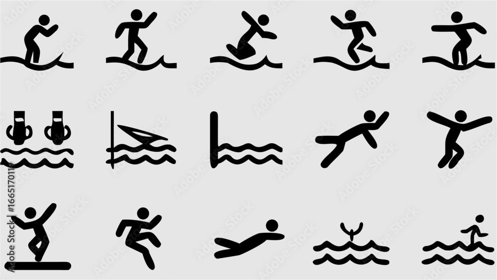 Naklejka premium Collection of simple black and white pictograms depicting various water sports and activities on a light background