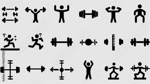 Collection of black silhouette icons depicting fitness activities and weightlifting equipment on light background