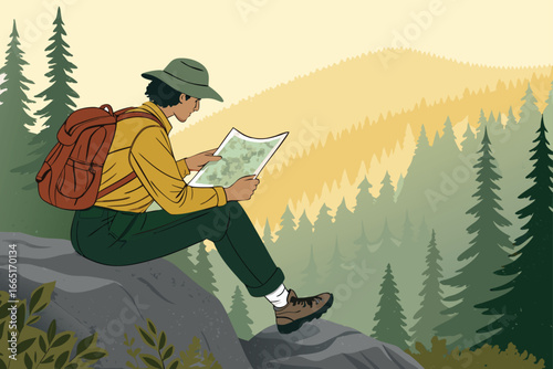 Hiker on a rock studying a map.