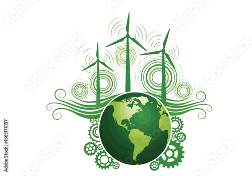 Green energy concept with wind turbines and a globe, symbolizing environmental sustainability and renewable power