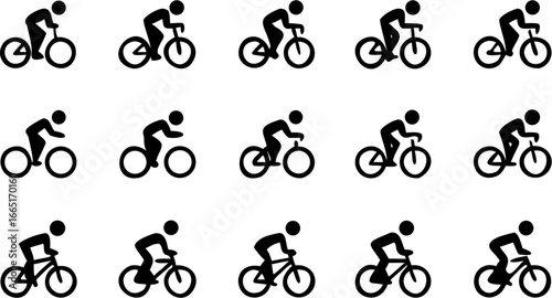 Fifteen black silhouette icons depicting people riding bicycles in various riding positions on a white background
