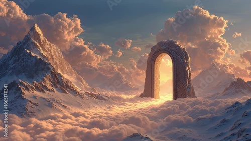 Majestic snow-capped mountains surround a glowing portal arch, illuminated by dramatic sunset light and clouds, evoking fantasy and adventure.