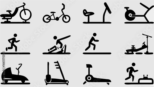 Illustration of various fitness equipment and exercise activities in black silhouette on a white background