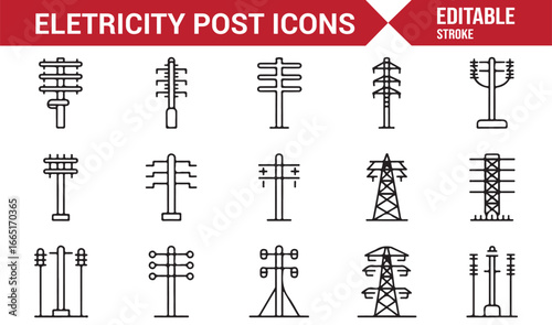Transmission tower and electricity post icons in a clean line style