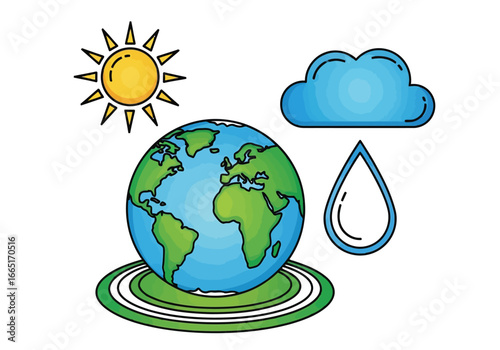 Earth with sun, cloud, and rain, representing weather and climate