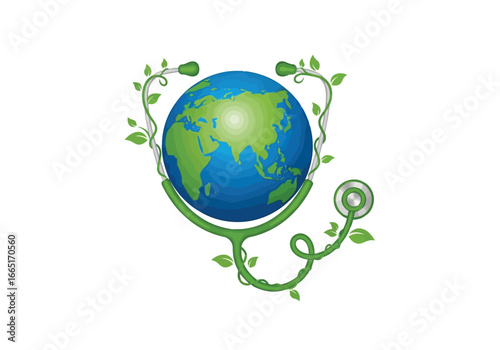 Stylized globe with a stethoscope and green leaves symbolizing global health and environmental care