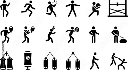 Depiction of various stick figure activities including sports, exercise, and other physical movements shown