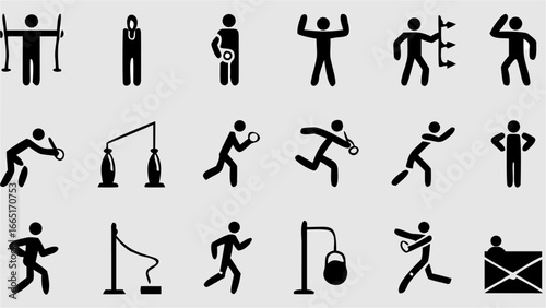 Collection of stick figures engaging in various sports and activities in black and white style